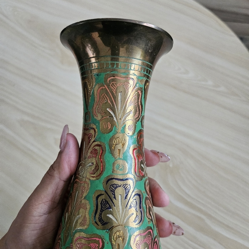 Antique Decorative Brass Floral Vase 9" - Picture 8 of 10